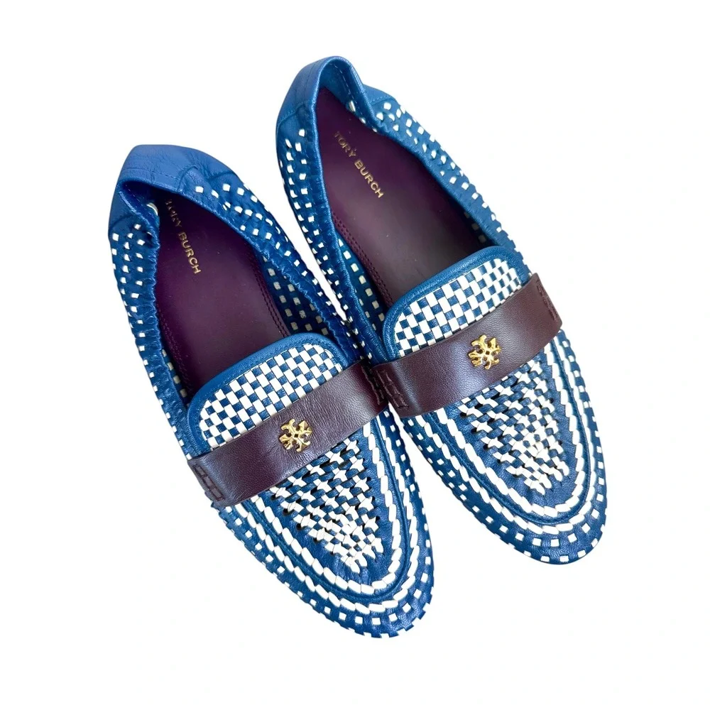 NWOT Tory Burch Blue White Woven Leather Loafers Gold Double T Driving Mocs 9.5M